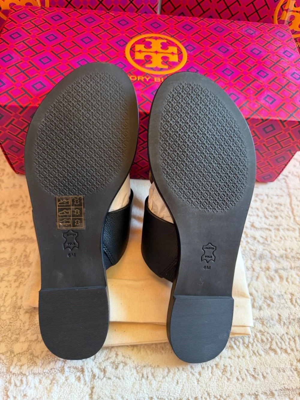 Tory Burch Black Leather Slide Sandals with Gold Disc Accent